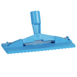 Blue plastic mop head with handle.